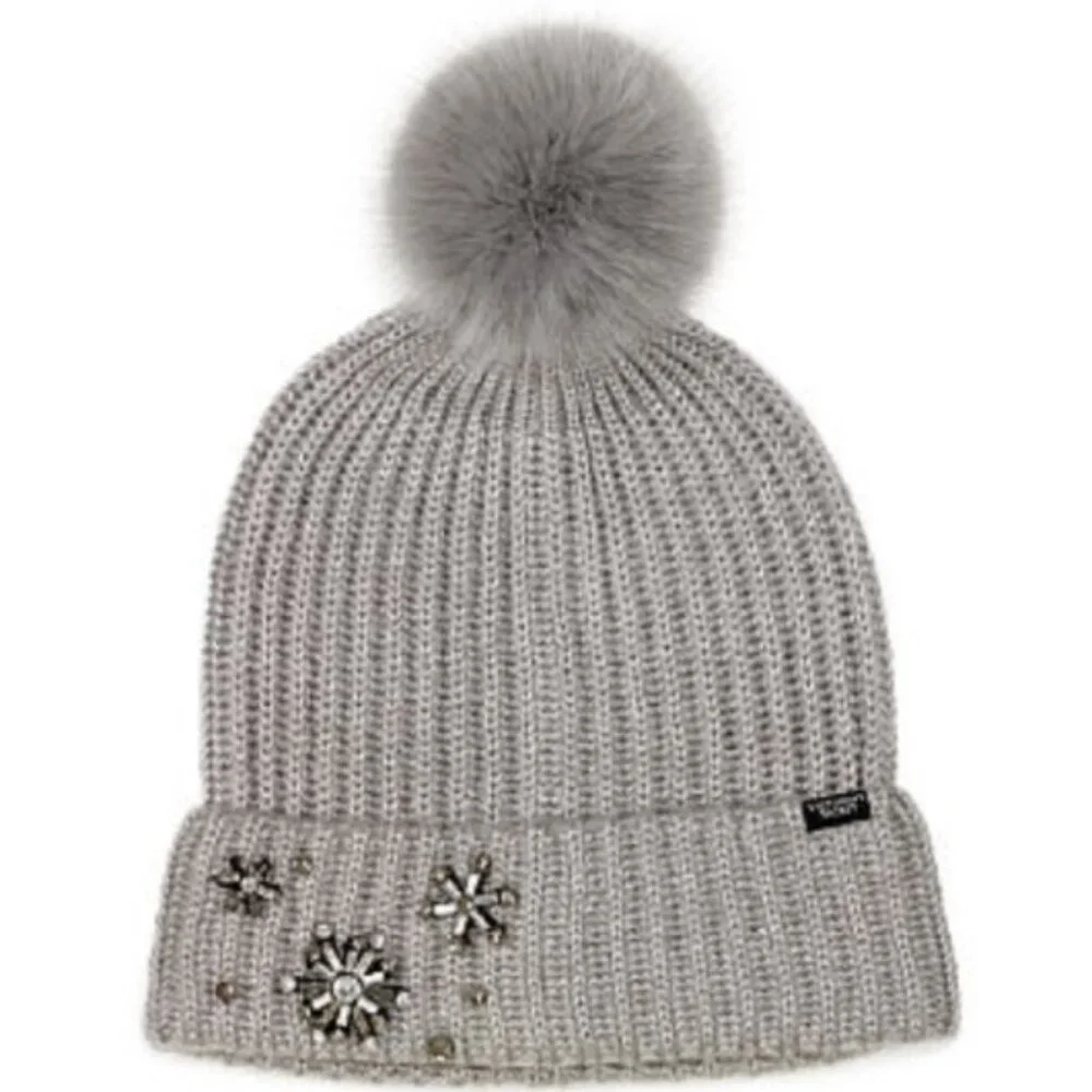 New Victoria's Secret Hat Snowflake Sparkle Gray Pom Pom Jewels Beanie Glam NWT